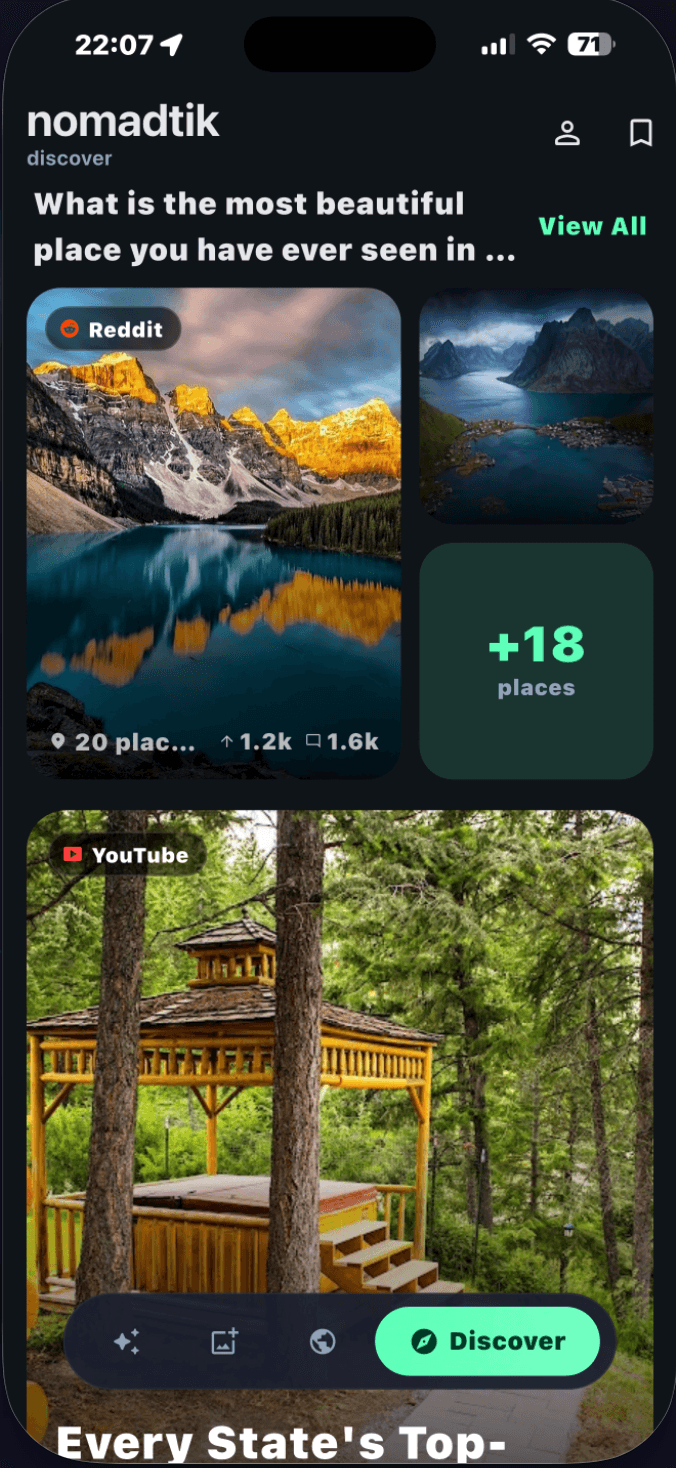 nomadtik feed of destinations extracted from a pasted Reddit thread and YouTube video