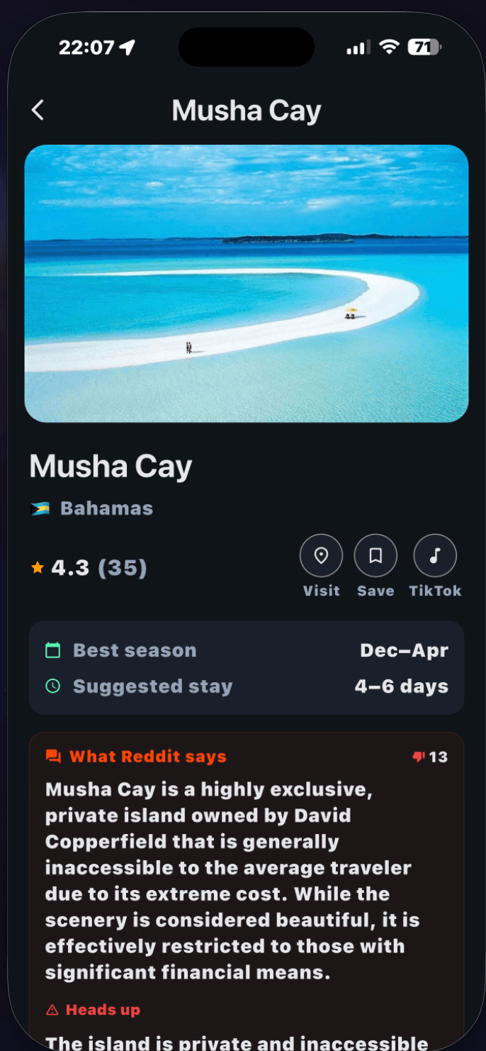 nomadtik place detail screen showing rating, best season, suggested stay, and a Reddit summary