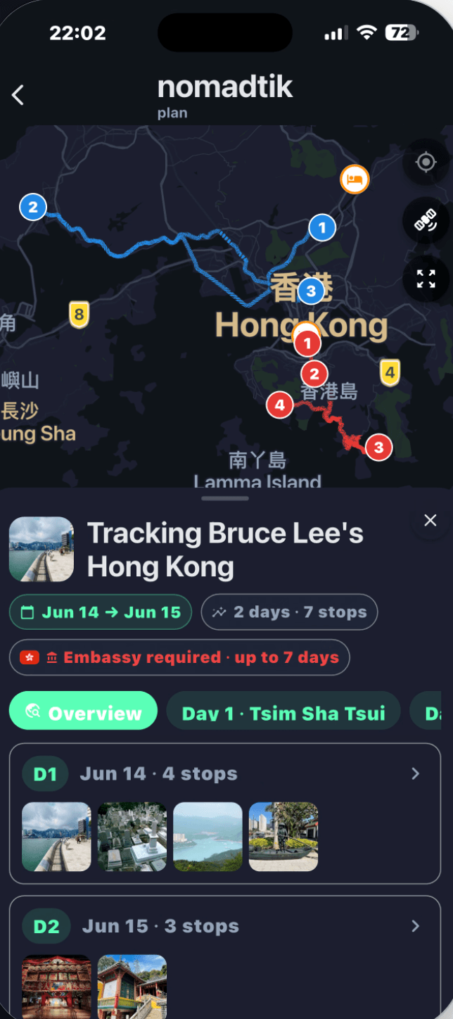 nomadtik trip plan with a mapped multi-stop route and day-by-day itinerary